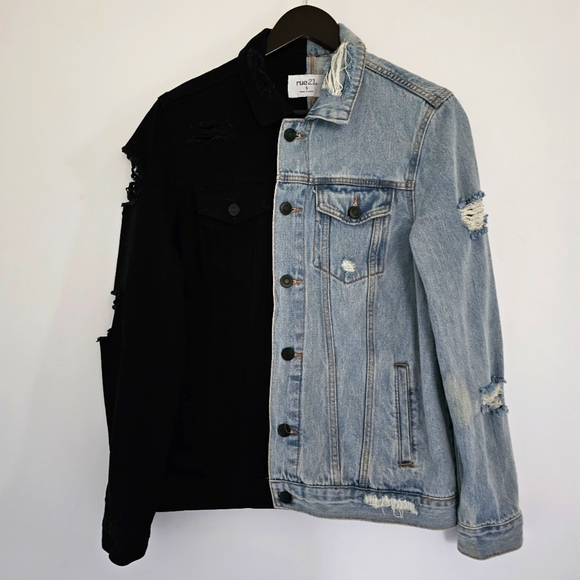 Rue 21 Unisex Small Destressed Color Block Black & Blue 100% Cotton Demin Jacket - Picture 1 of 13